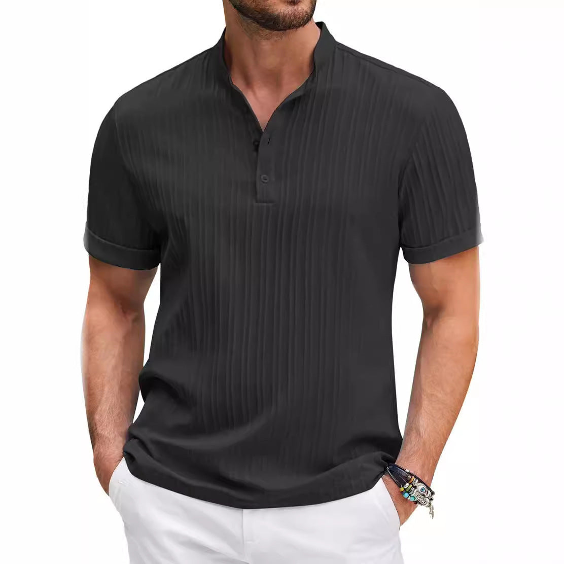 New Men&#039;s Retro Cotton And Linen Striped Henry Shirt Casual Loose Shirt
