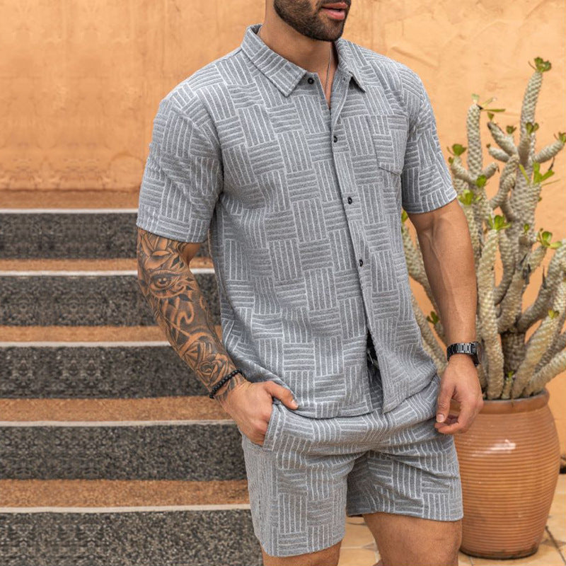 Men's Jacquard Button Shirt Lapel Casual T-shirt Suit 1