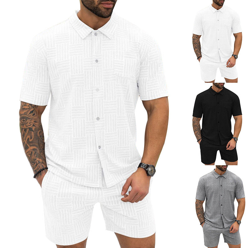 Men's Jacquard Button Shirt Lapel Casual T-shirt Suit 1