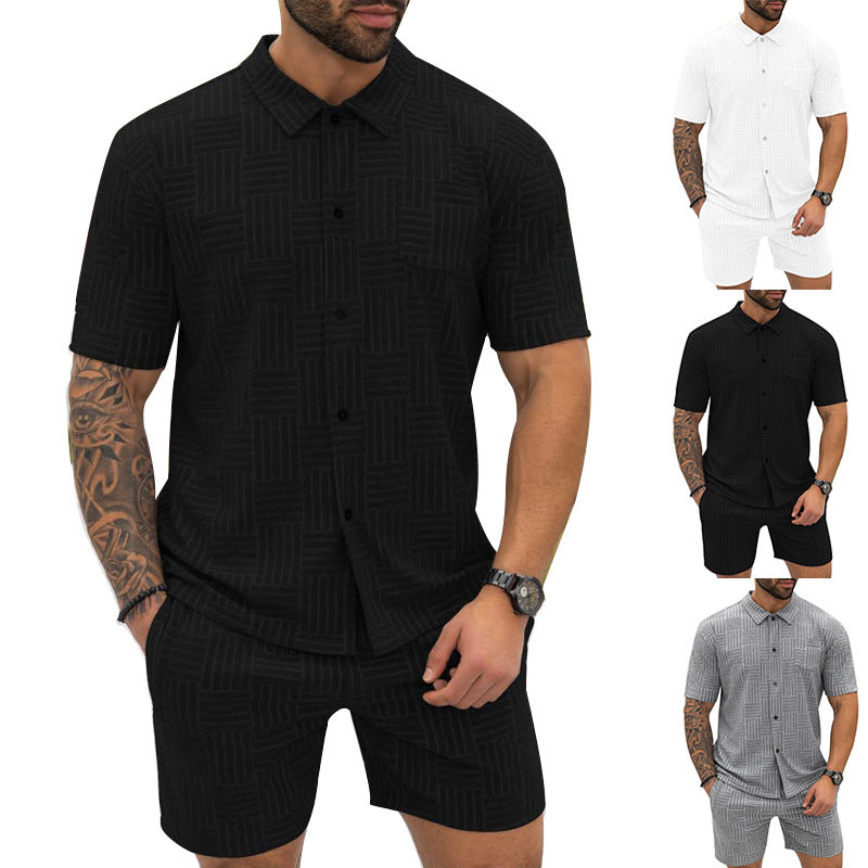 Men's Jacquard Button Shirt Lapel Casual T-shirt Suit 1