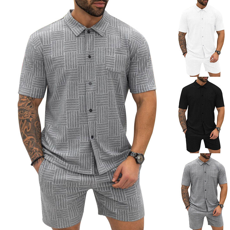 Men's Jacquard Button Shirt Lapel Casual T-shirt Suit 1