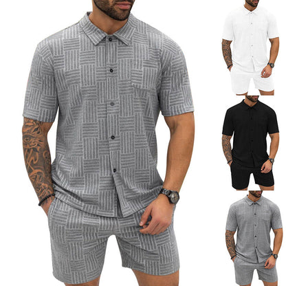 Men's Jacquard Button Shirt Lapel Casual T-shirt Suit 1
