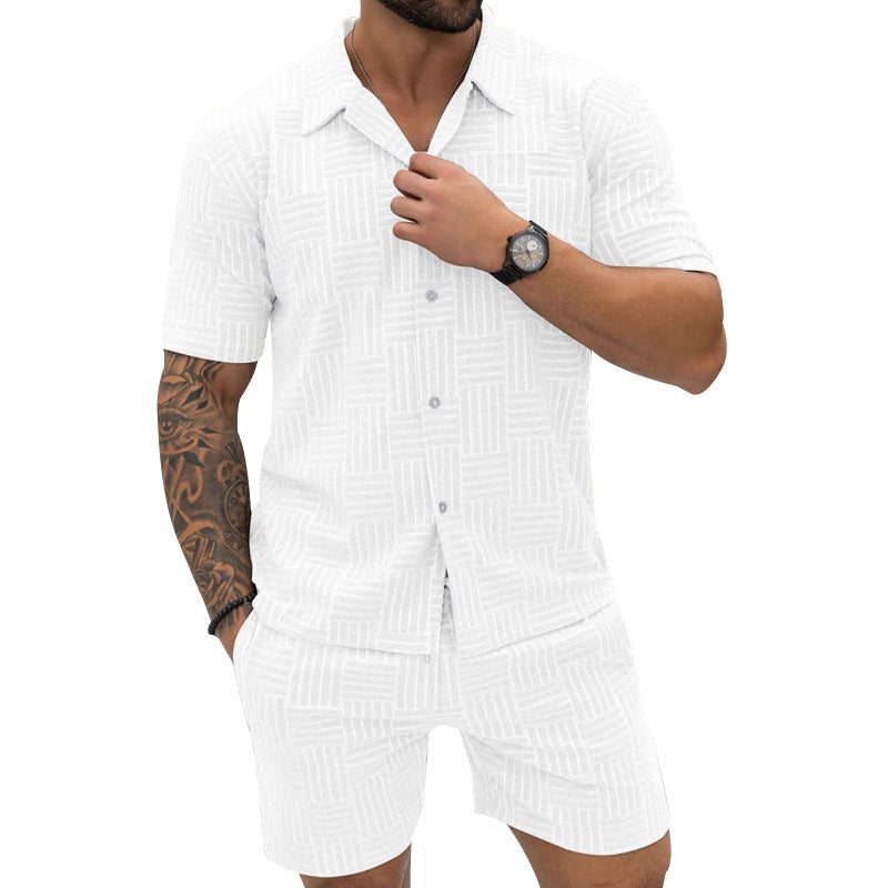 Men's Jacquard Button Shirt Lapel Casual T-shirt Suit 1