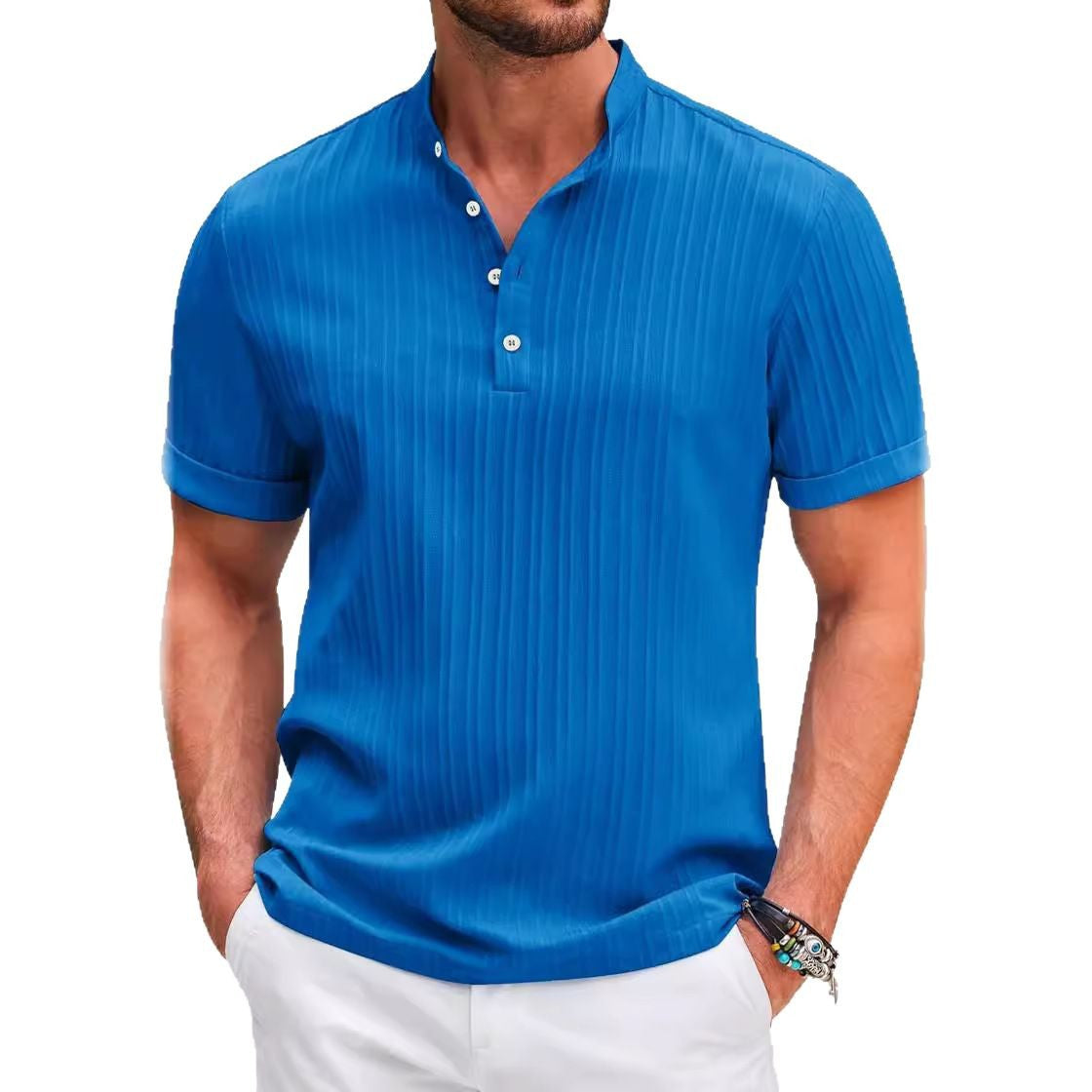 New Men&#039;s Retro Cotton And Linen Striped Henry Shirt Casual Loose Shirt