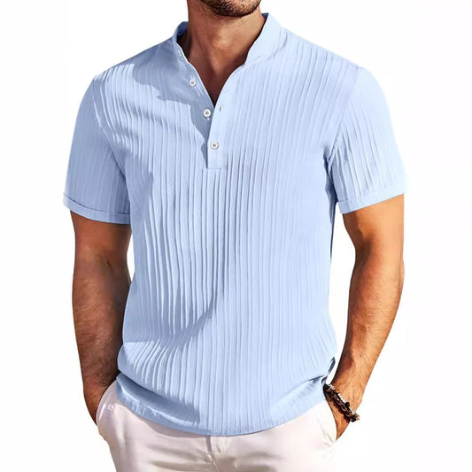New Men&#039;s Retro Cotton And Linen Striped Henry Shirt Casual Loose Shirt