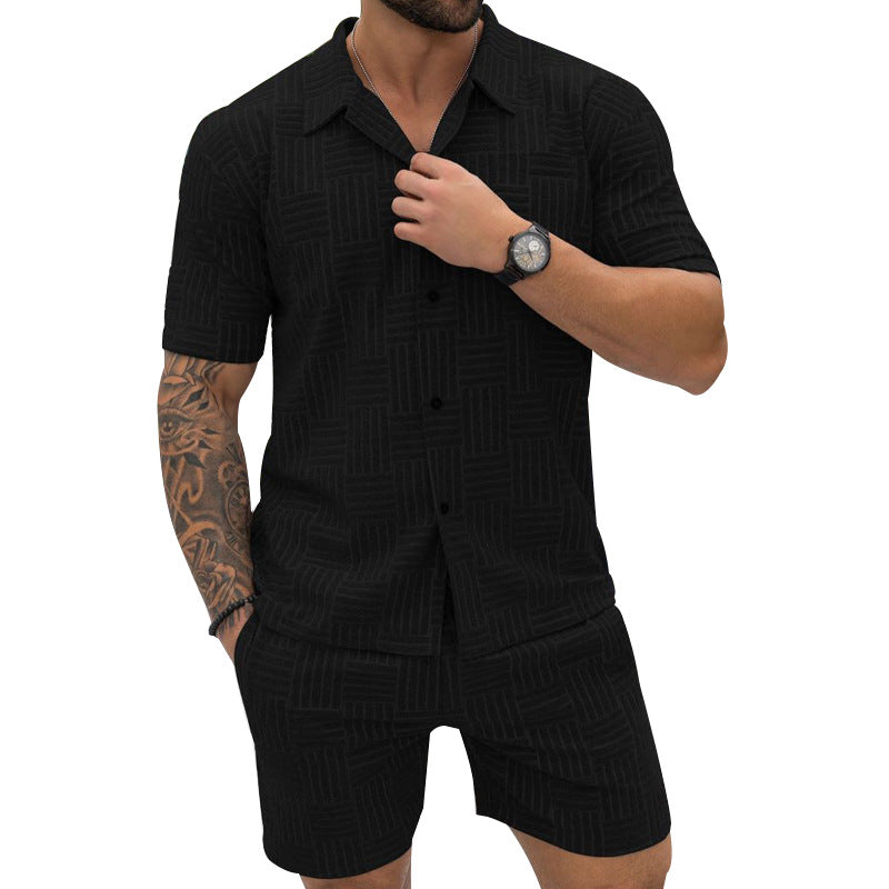 Men's Jacquard Button Shirt Lapel Casual T-shirt Suit 1