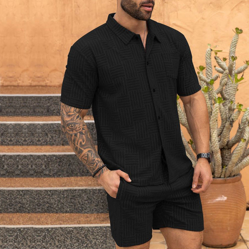 Men's Jacquard Button Shirt Lapel Casual T-shirt Suit 1