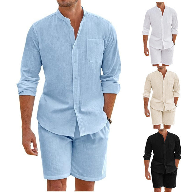 Men's Cotton Linen Comfortable Long Sleeve Shirt Shorts Suit 1