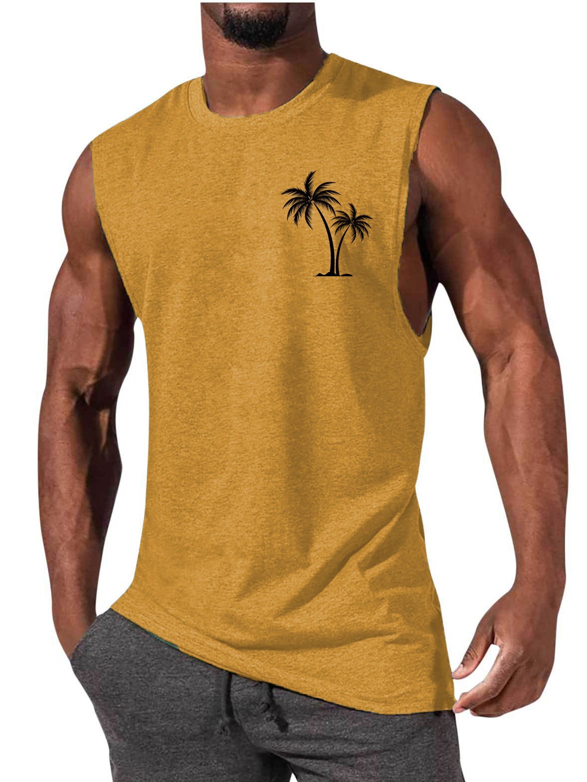 Coconut Tree Embroidery Vest Summer Beach Tank Tops Workout Muscle Men Sports Fitness T-shirt 1