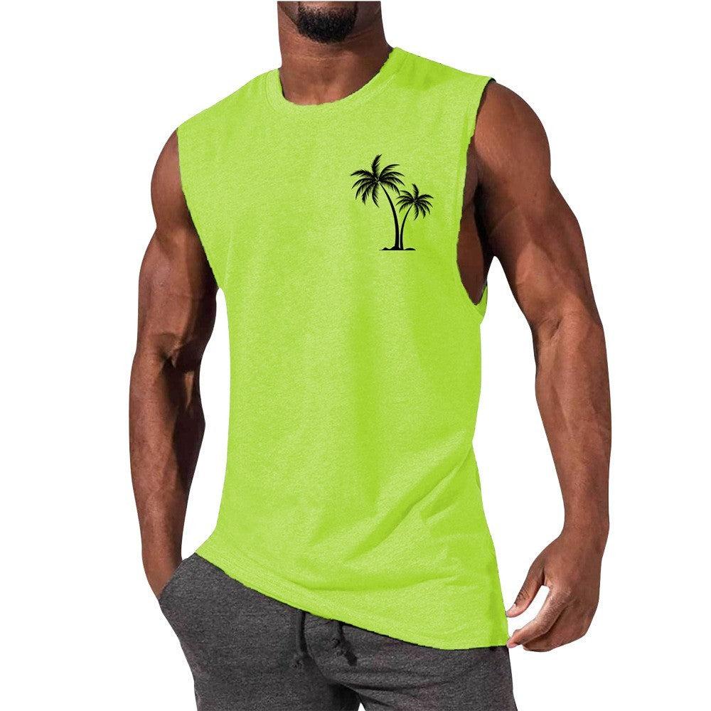 Coconut Tree Embroidery Vest Summer Beach Tank Tops Workout Muscle Men Sports Fitness T-shirt 1