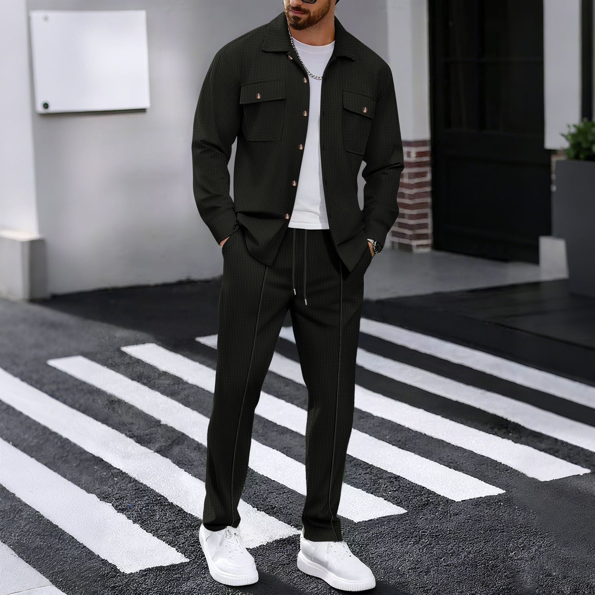 Autumn New Waffle Long-sleeved Trousers Two-piece Set Cardigan Shirt Suit 1
