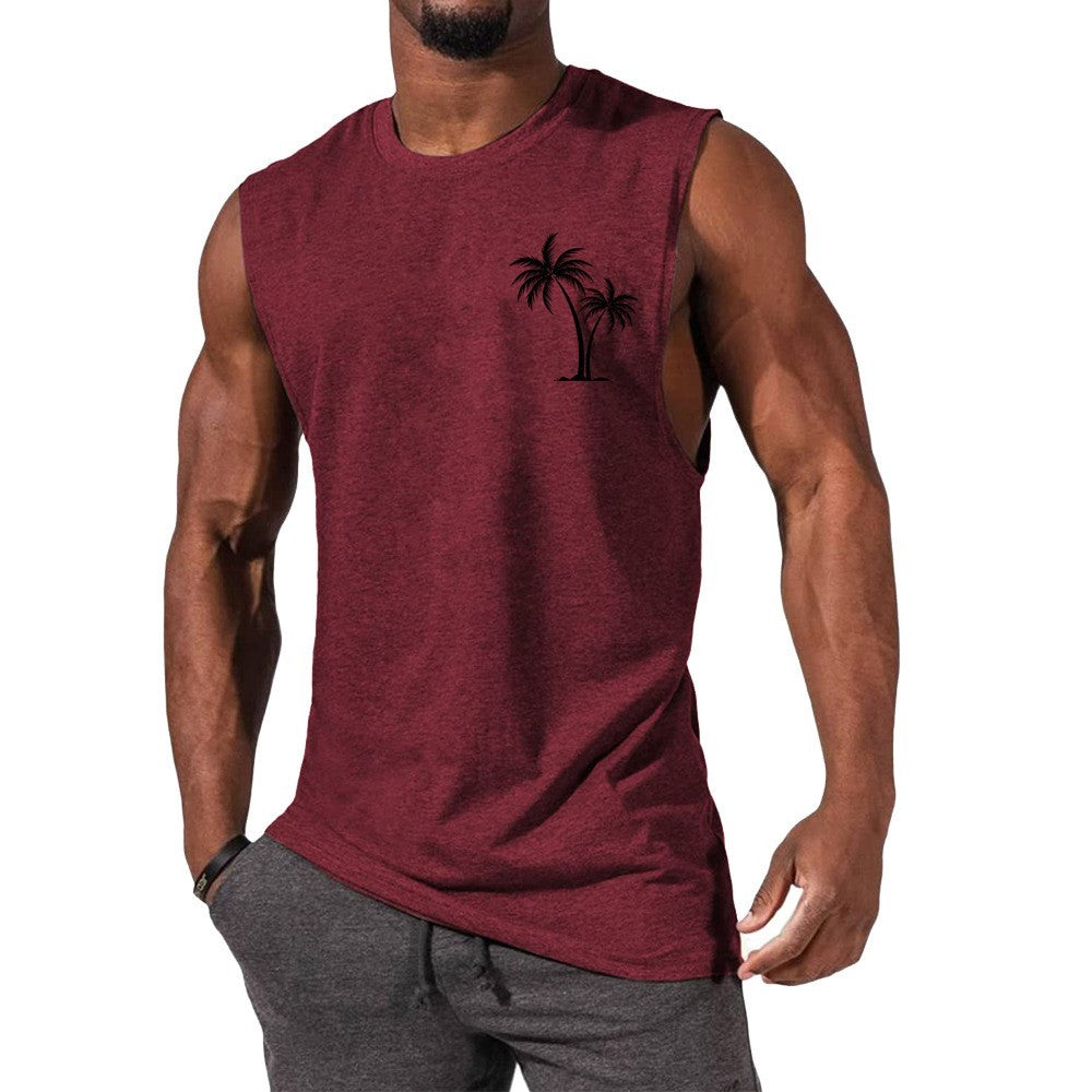 Coconut Tree Embroidery Vest Summer Beach Tank Tops Workout Muscle Men Sports Fitness T-shirt 1