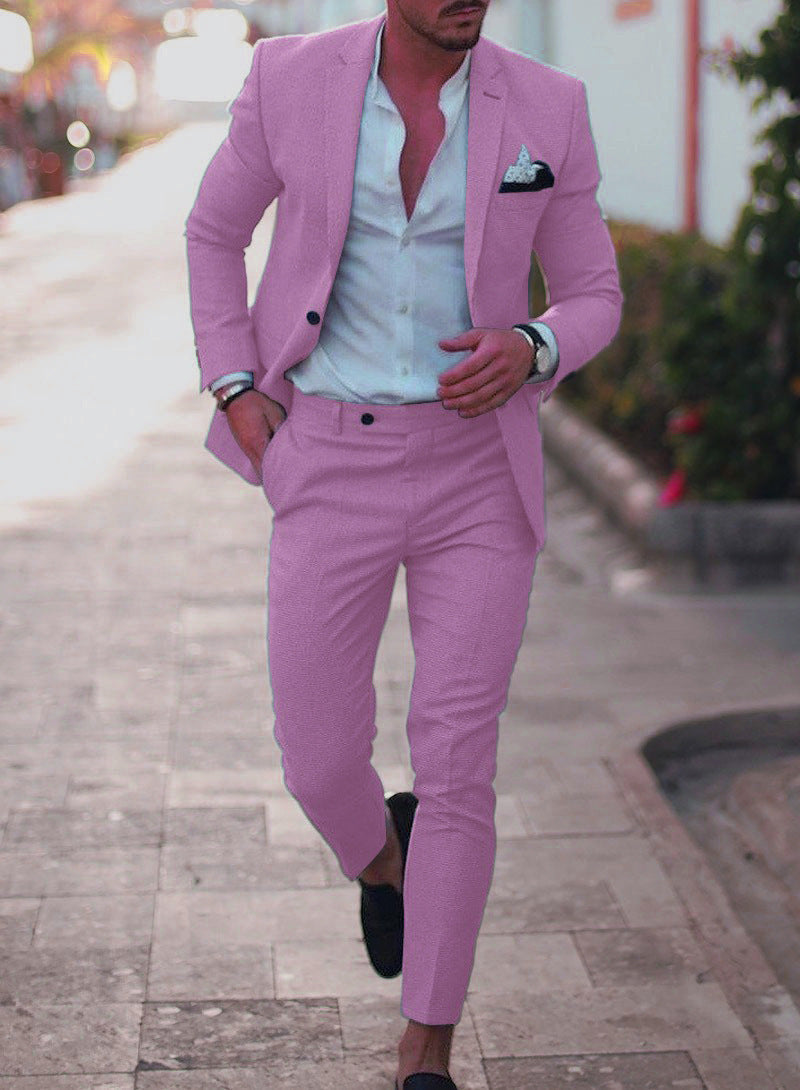 Men's Two-piece Suit One Button Linen Cotton Linen Solid Color 1