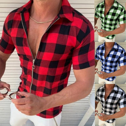 Plaid T Shirt Mens Zipper Short Sleeve Shirts Summer Men Clothing 1
