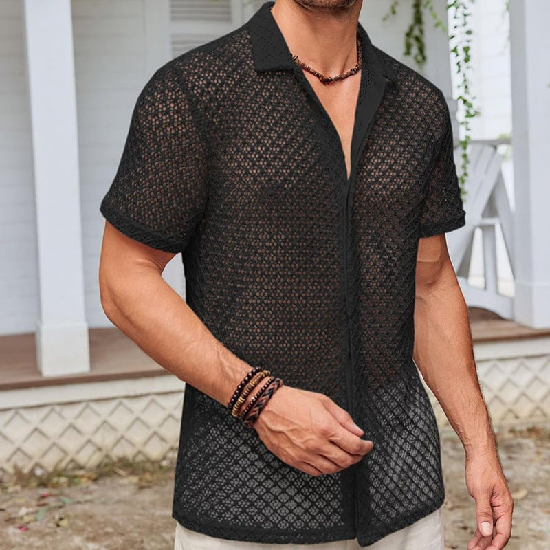 Summer Mesh Short Sleeve Shirt Fashion Solid Color Lapel Shirt Tops Beach Men Clothing UMAIR & HAYAT SELLER