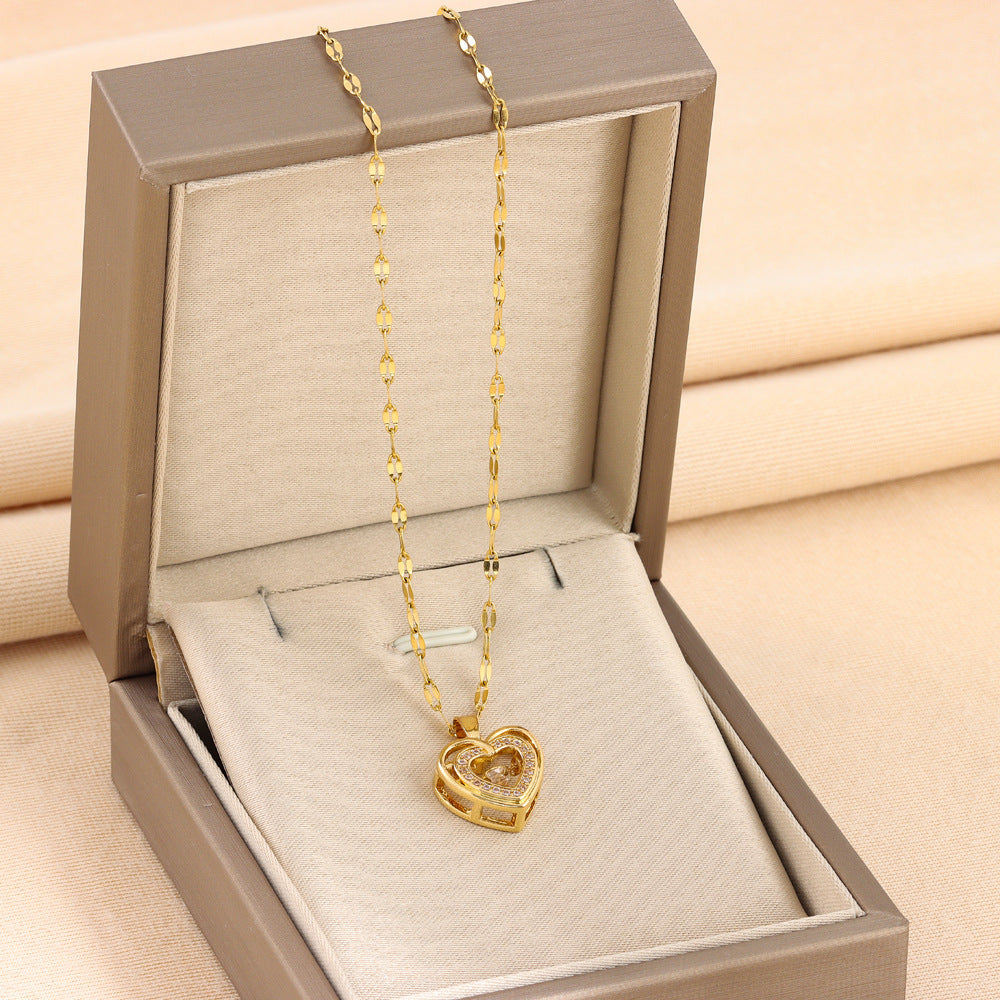 Double-layer Love Necklace With Rhinestones Titanium Steel Pendant Fashion Jewelry Woman Valentines Day Gift UMAIR & HAYAT SELLER