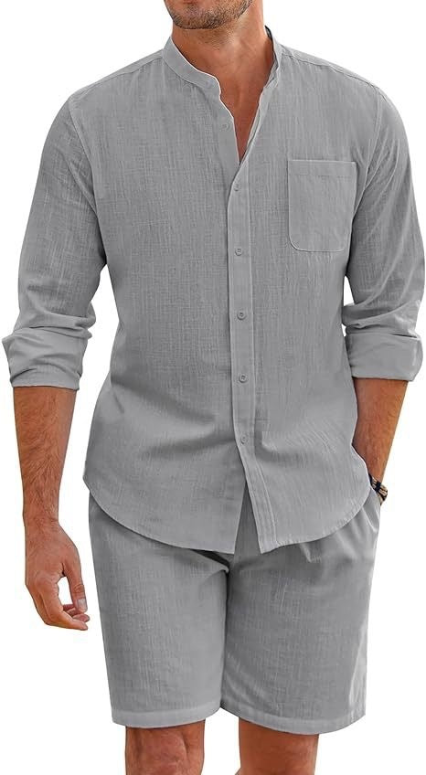 Men's Cotton Linen Comfortable Long Sleeve Shirt Shorts Suit 1