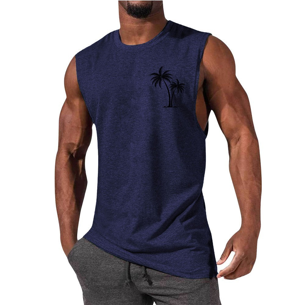 Coconut Tree Embroidery Vest Summer Beach Tank Tops Workout Muscle Men Sports Fitness T-shirt 1