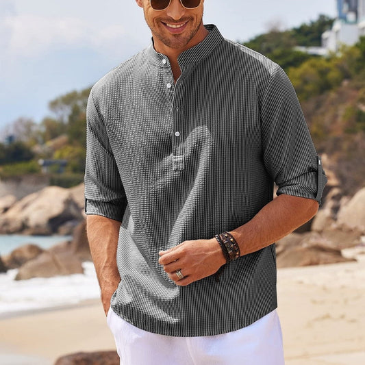 Men's Casual Shirt  Long Sleeve Stand Collar Solid Color Shirt Mens Clothing UMAIR & HAYAT SELLER