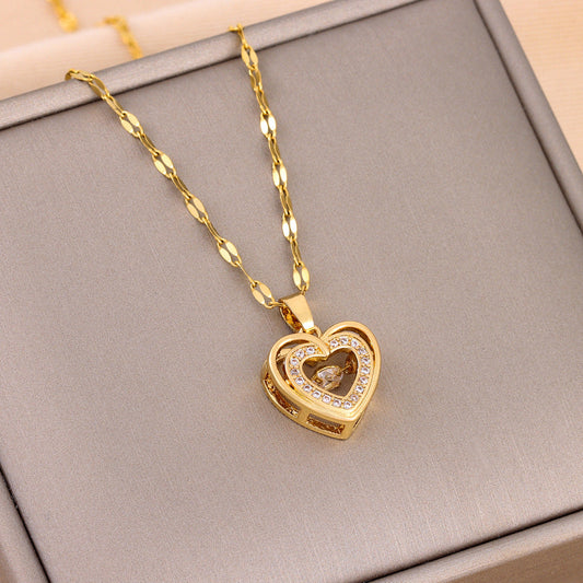 Double-layer Love Necklace With Rhinestones Titanium Steel Pendant Fashion Jewelry Woman Valentines Day Gift UMAIR & HAYAT SELLER