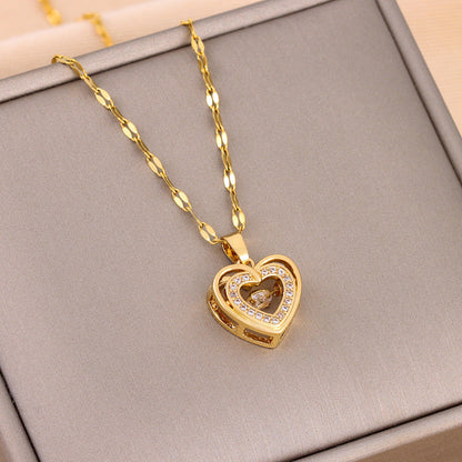 Double-layer Love Necklace With Rhinestones Titanium Steel Pendant Fashion Jewelry Woman Valentines Day Gift UMAIR & HAYAT SELLER