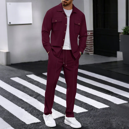 Autumn New Waffle Long-sleeved Trousers Two-piece Set Cardigan Shirt Suit 1