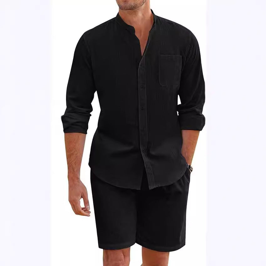Men's Cotton Linen Comfortable Long Sleeve Shirt Shorts Suit 1