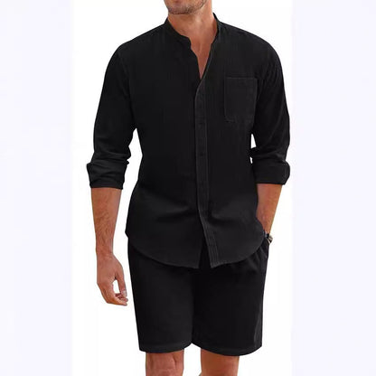 Men's Cotton Linen Comfortable Long Sleeve Shirt Shorts Suit 1