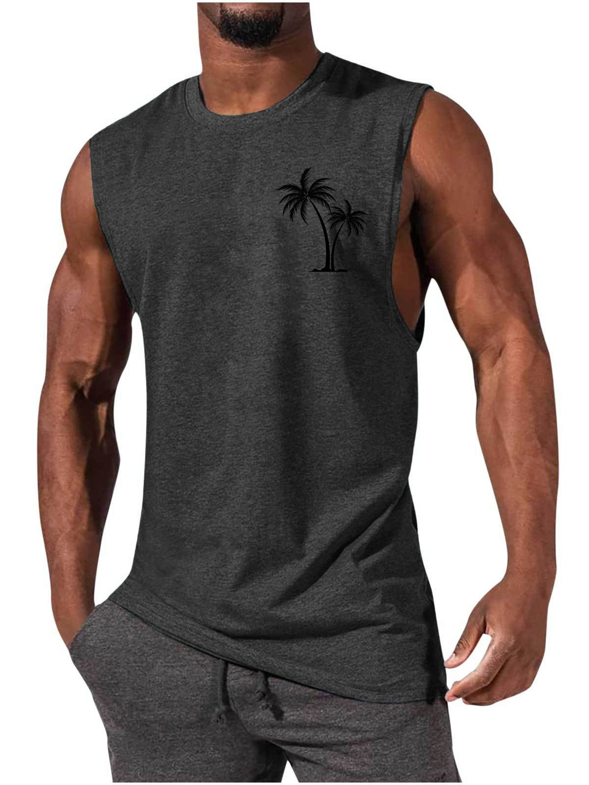 Coconut Tree Embroidery Vest Summer Beach Tank Tops Workout Muscle Men Sports Fitness T-shirt 1