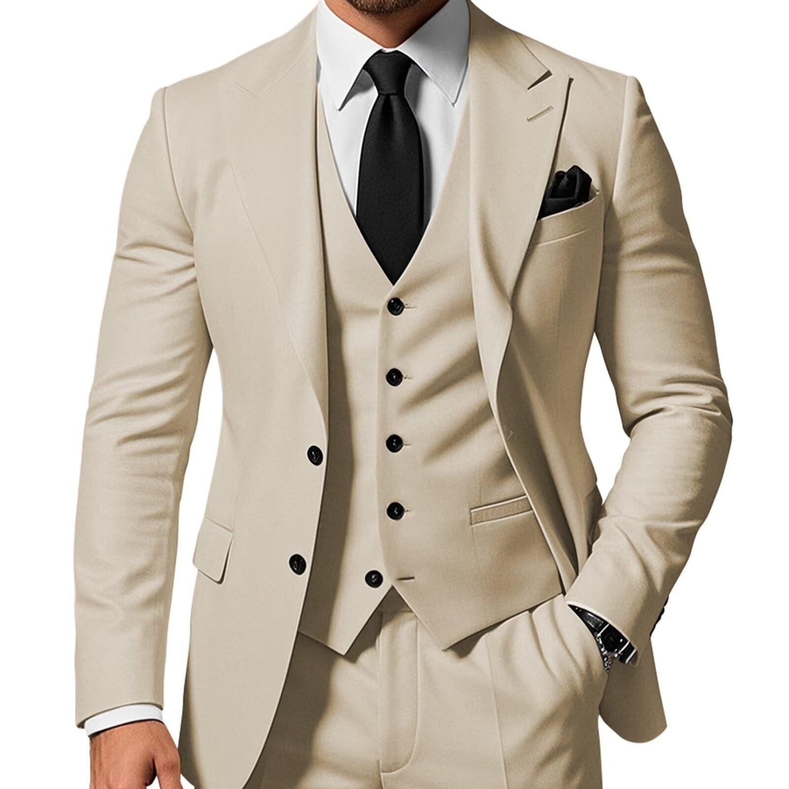 Men's Solid Color 2-piece Buckle Casual Jacket Vest Pants Set 1
