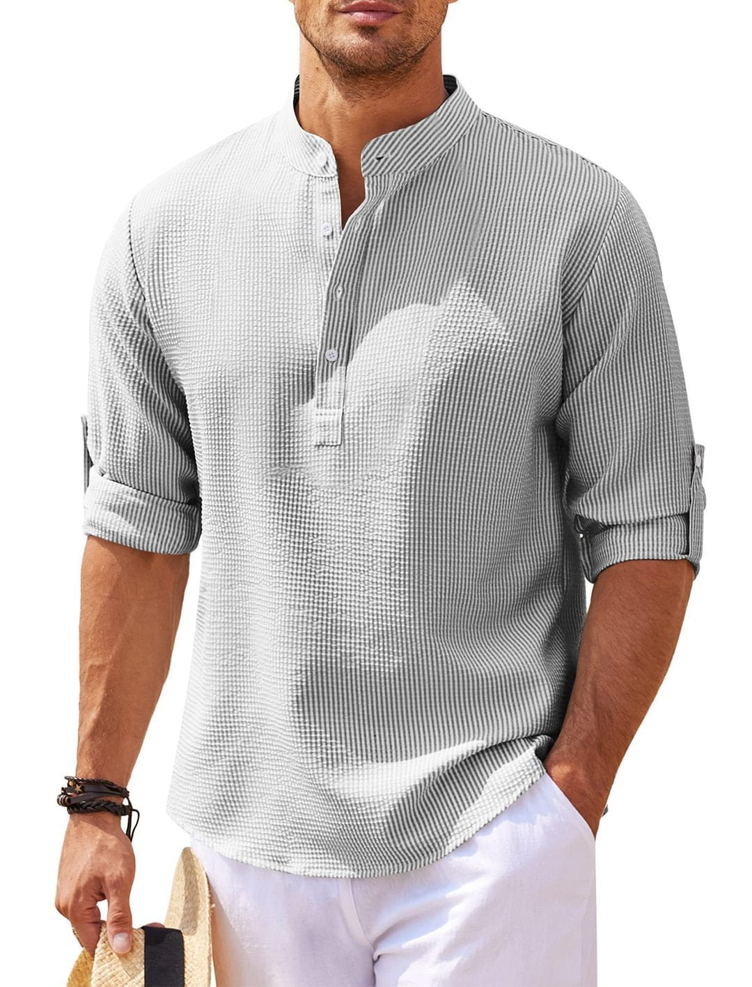 Men's Casual Shirt  Long Sleeve Stand Collar Solid Color Shirt Mens Clothing UMAIR & HAYAT SELLER