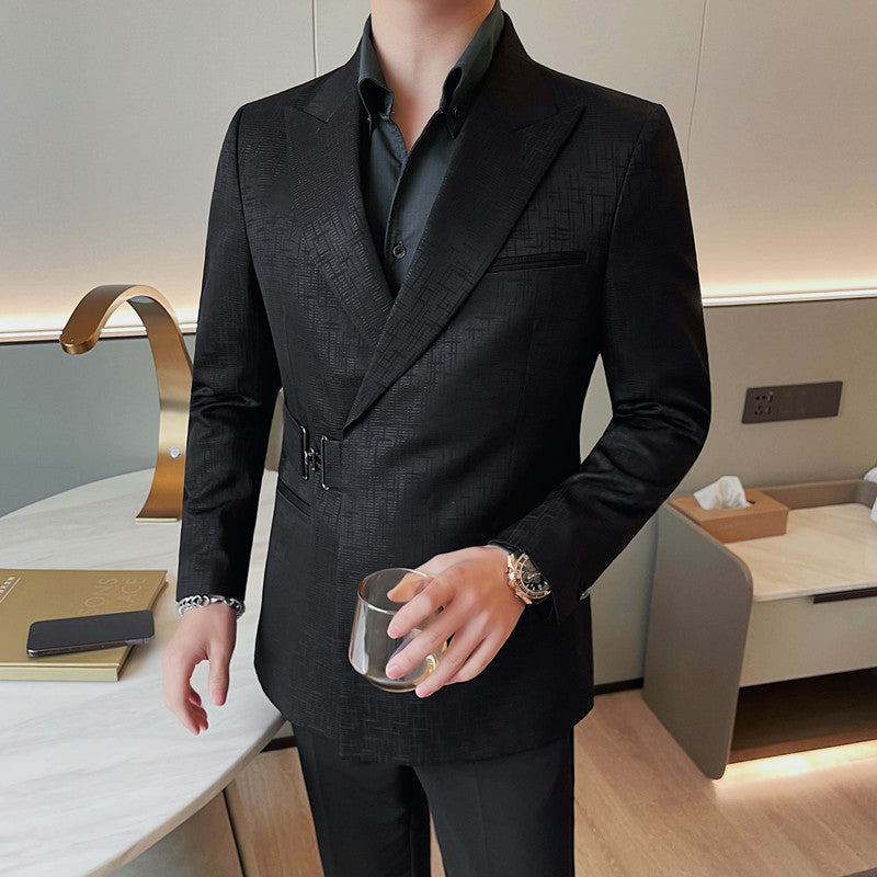 Men's Suit Metal Buckle Design Gun Collar Jacket 1