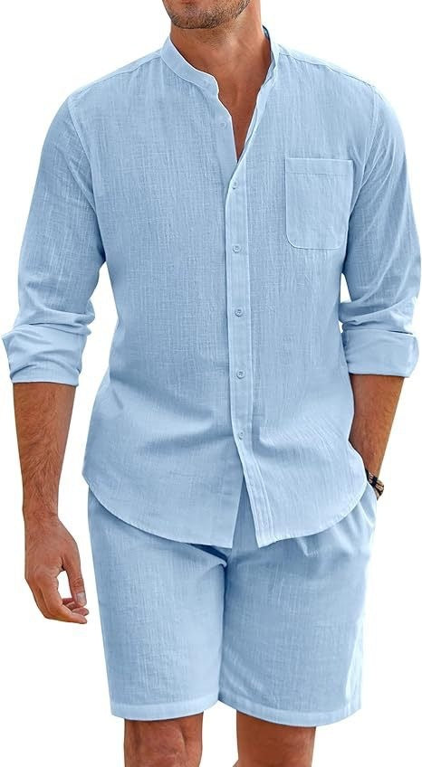 Men's Cotton Linen Comfortable Long Sleeve Shirt Shorts Suit 1