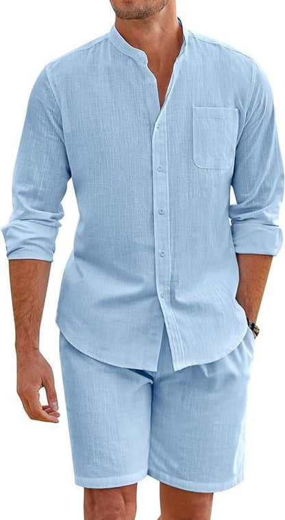 Men's Cotton Linen Comfortable Long Sleeve Shirt Shorts Suit 1