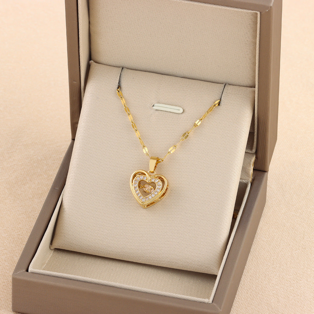 Double-layer Love Necklace With Rhinestones Titanium Steel Pendant Fashion Jewelry Woman Valentines Day Gift UMAIR & HAYAT SELLER