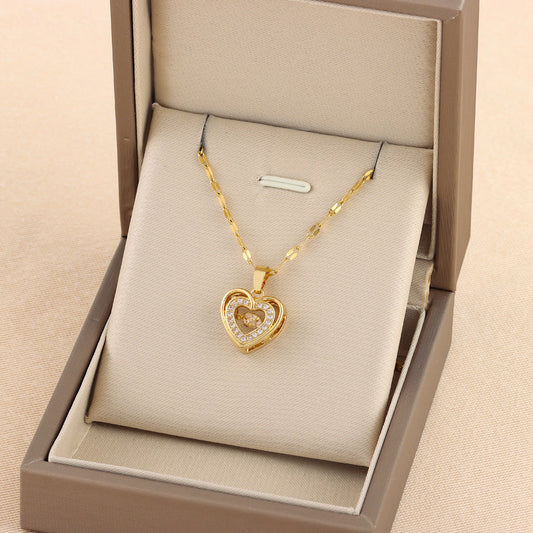 Double-layer Love Necklace With Rhinestones Titanium Steel Pendant Fashion Jewelry Woman Valentines Day Gift UMAIR & HAYAT SELLER