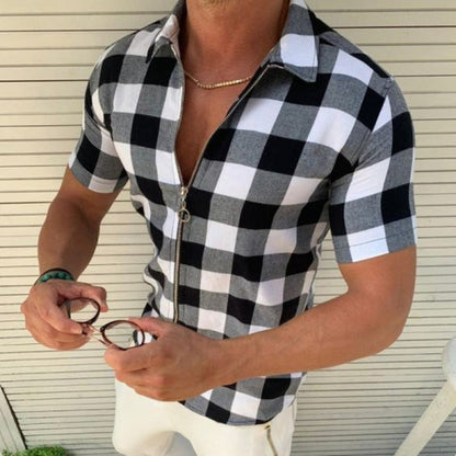 Plaid T Shirt Mens Zipper Short Sleeve Shirts Summer Men Clothing 1